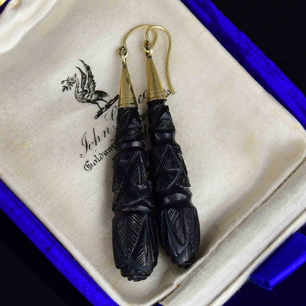 Antique Victorian Gold Carved Whitby Jet Earrings - Boylerpf