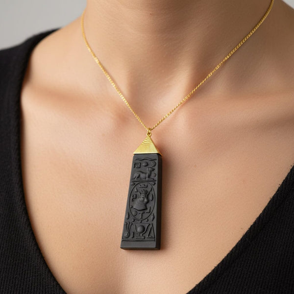 Vintage Black Wedgwood Carved Egyptian Pendant Necklace - Boylerpf