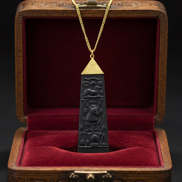 Vintage Black Wedgwood Carved Egyptian Pendant Necklace - Boylerpf