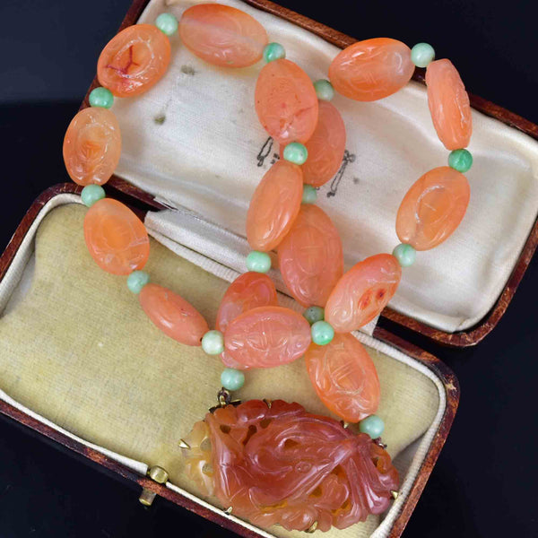 Vintage 14K Gold Carved Phoenix Tangerine Green Jade Necklace - Boylerpf