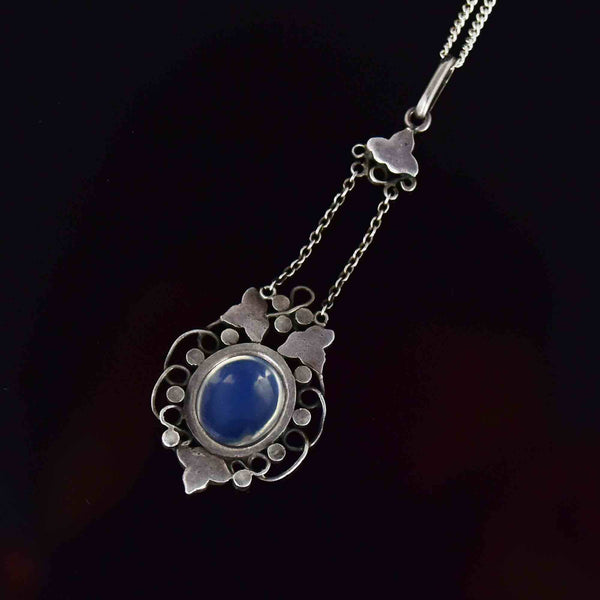 Silver Art Deco Marcasite Moonstone Cabochon Pendant Necklace - Boylerpf