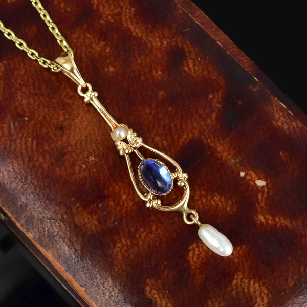 18K Gold Art Nouveau Blue Sapphire Pearl Lavaliere Necklace - Boylerpf