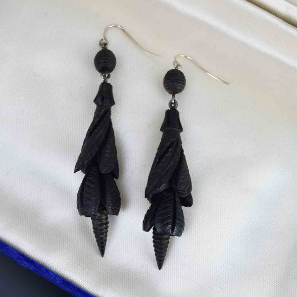 Antique Victorian Irish Bog Oak SnowDrop Flower Mourning Earrings - Boylerpf