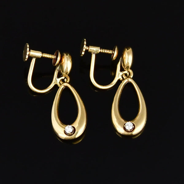 Vintage 14K Gold Diamond Drop Hoop Earrings