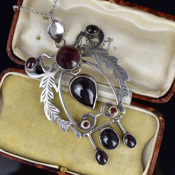 Vintage Large Sterling Silver Leaf Garnet Cabochon Pendant Necklace - Boylerpf