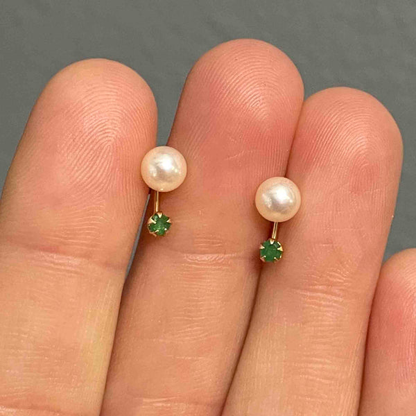 Vintage 14K Gold Emerald Pearl Stud Drop Earrings - Boylerpf