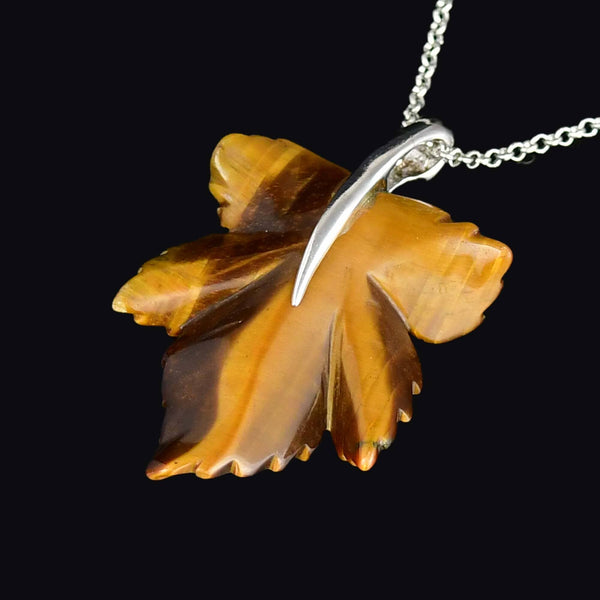 Vintage Tiger’s Eye Maple Leaf Pendant Necklace Sterling Silver - Boylerpf