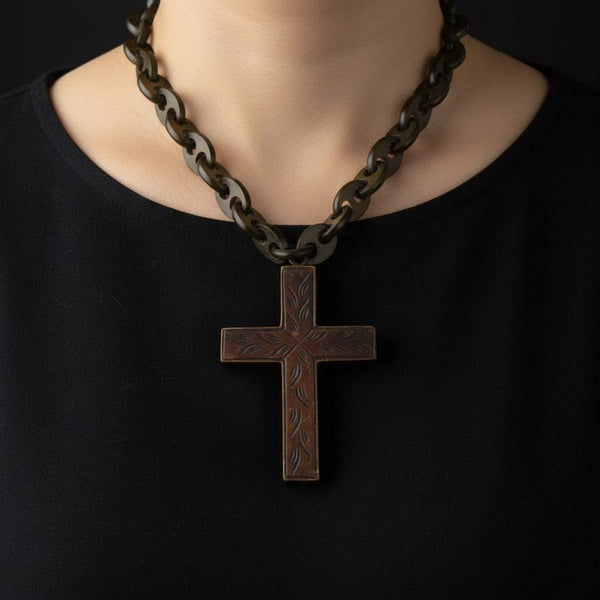 Large Victorian Gutta Percha Cross Pendant and Necklace - Boylerpf