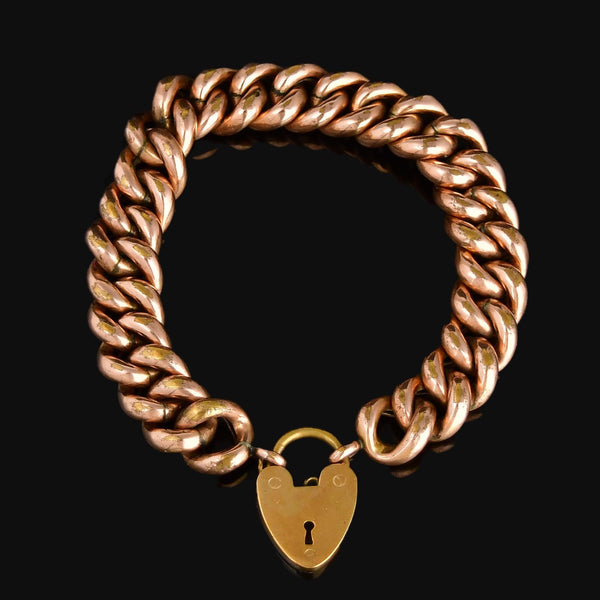 Antique Rolled Rose Gold Heart Padlock Curb Chain Bracelet - Boylerpf
