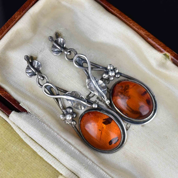 Arts and Crafts Style Silver Baltic Amber Cabochon Drop Earrings - Boylerpf