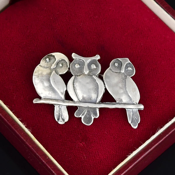 Vintage Three Wise Owls Sterling Silver Brooch