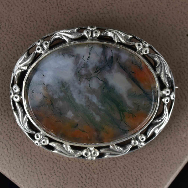 Silver Arts and Crafts Grape Leaf Scottish Moss Agate Brooch - Boylerpf