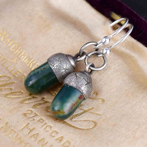 Vintage Arts and Crafts Style Silver Bloodstone Agate Acorn Earrings - Boylerpf