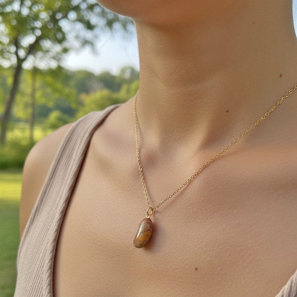 Vintage Gold Marbled Agate Lucky Bean Charm Pendant Necklace