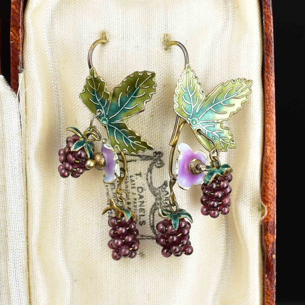 Vintage Silver Amethyst Raspberry Enamel Leaf Earrings - Boylerpf