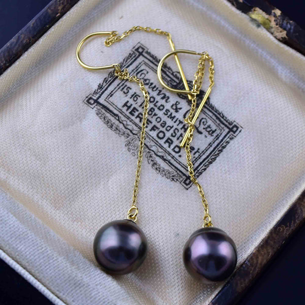 Vintage 14K Gold Black Pearl Threader Earrings - Boylerpf