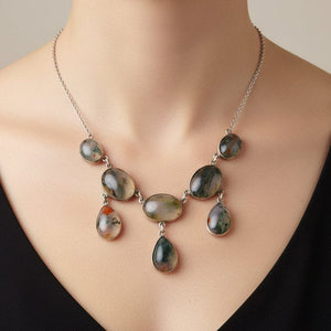 Silver Art Deco Scottish Dendritic Moss Agate Fringe Necklace - Boylerpf