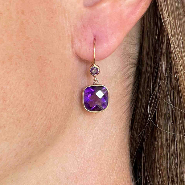 Vintage Cushion Cut Amethyst Drop Earrings in 14K Gold - Boylerpf