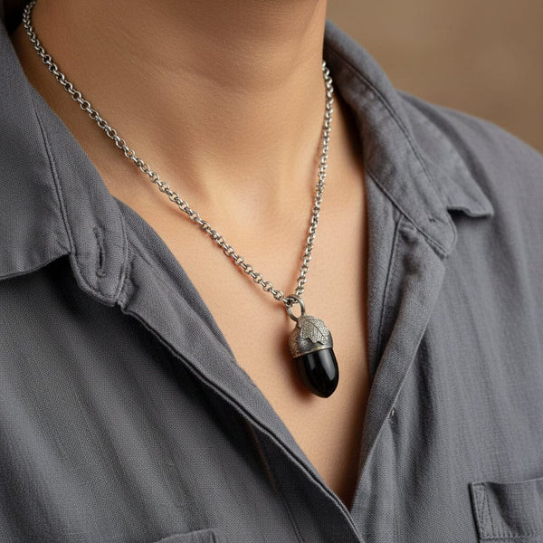Sterling Silver Arts & Crafts Whitby Jet Acorn Necklace