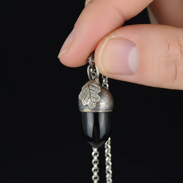 Sterling Silver Arts & Crafts Whitby Jet Acorn Necklace