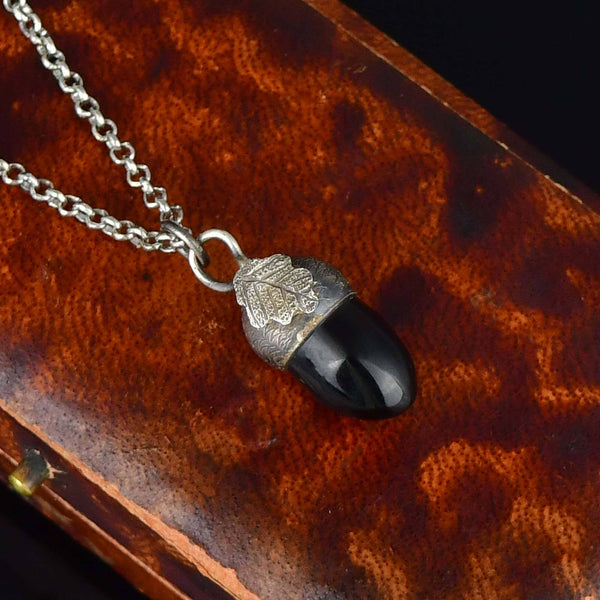 Sterling Silver Arts & Crafts Whitby Jet Acorn Necklace