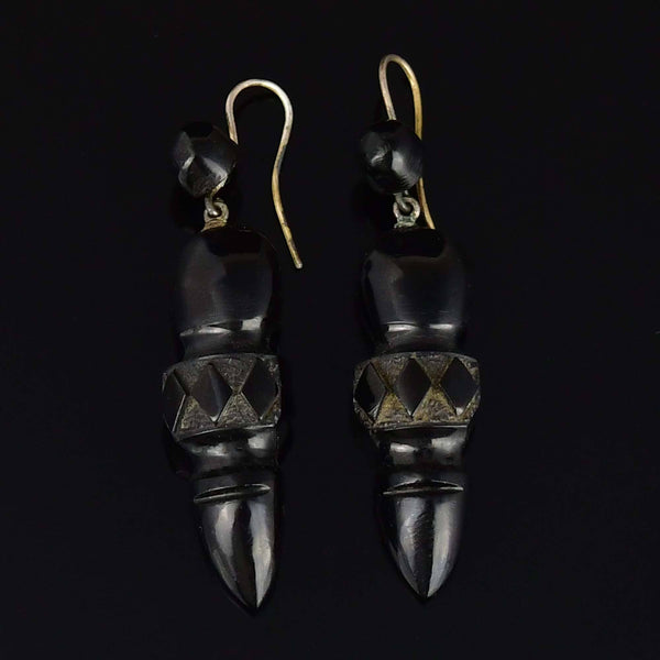 Antique Victorian Carved Whitby Jet Chandelier Earrings - Boylerpf