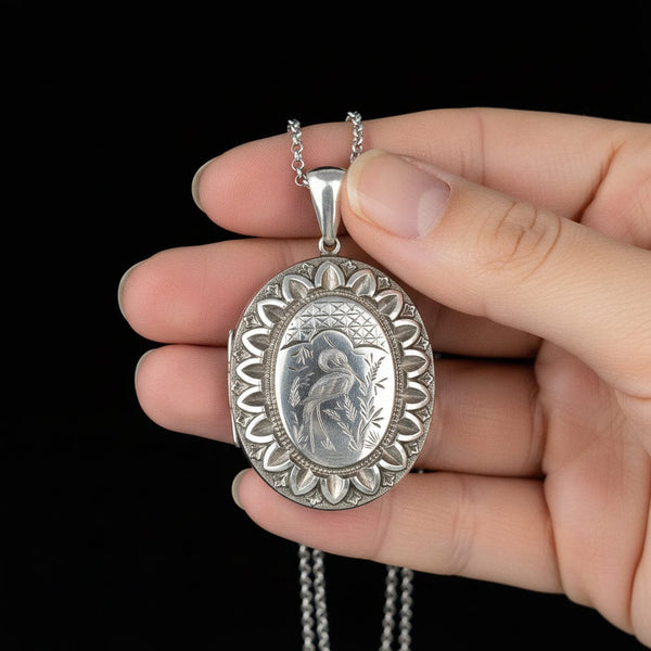 Antique Engraved Silver Heron Bird Locket Necklace