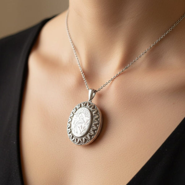 Antique Engraved Silver Heron Bird Locket Necklace