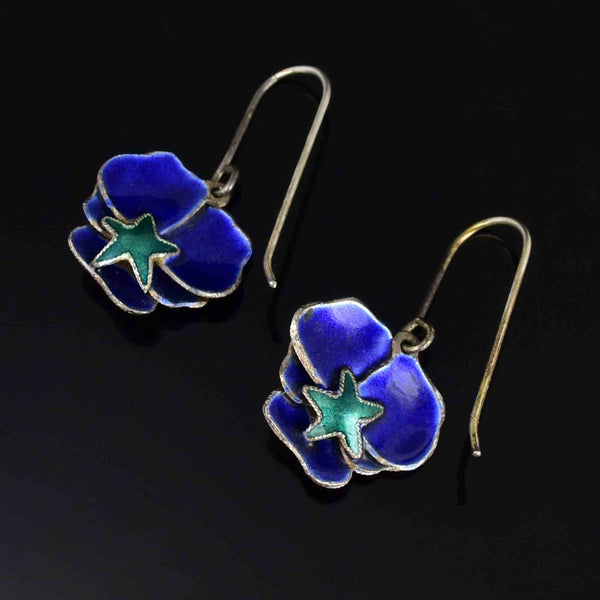 Vintage Art Nouveau Style Enamel Pansy Drop Earrings - Boylerpf