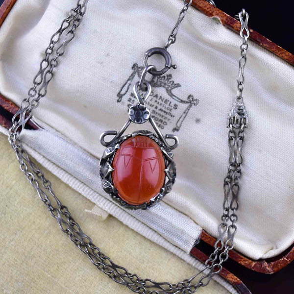 Vintage Art Deco Carnelian Scarab Y Chain Necklace - Boylerpf