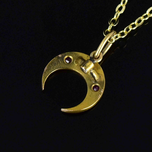 Antique 14K Gold Ruby Diamond Crescent Moon Pendant Necklace - Boylerpf