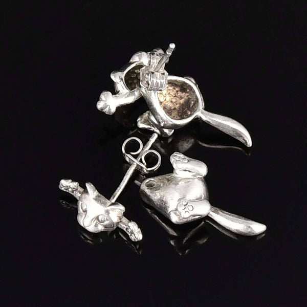 Vintage Cat Stud Jacket Earrings in Sterling Silver