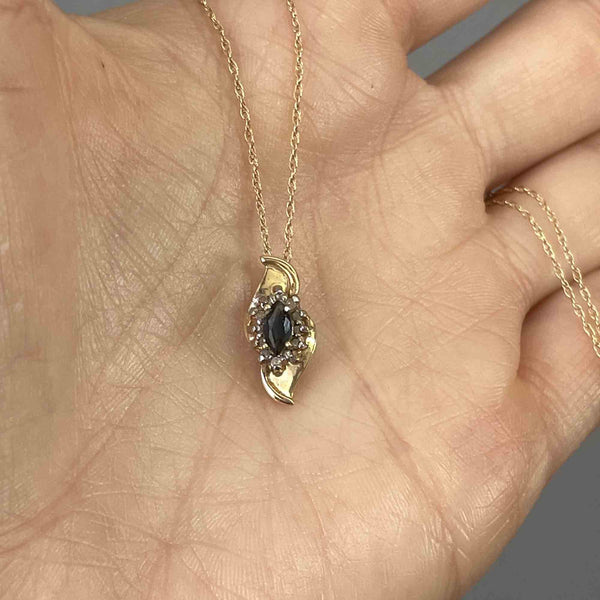 Vintage 10K Gold Sapphire Diamond Halo Pendant Necklace - Boylerpf
