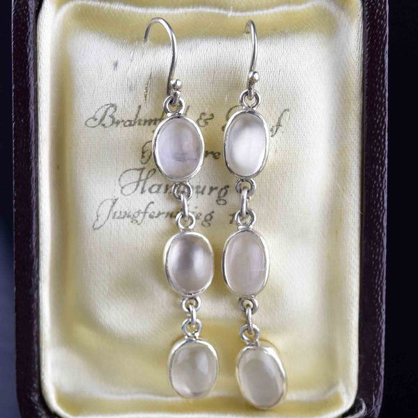 Vintage Moonstone Cabochon Silver Drop Earrings - Boylerpf