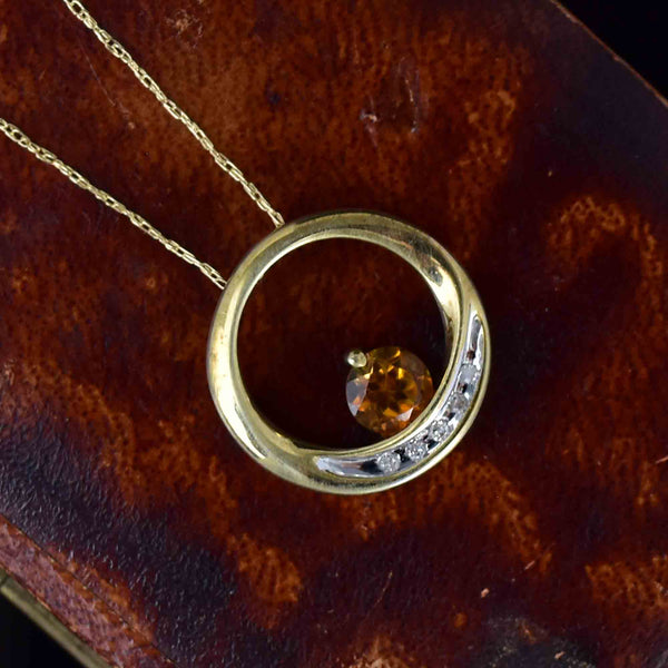 Vintage 10K Gold Diamond Citrine Circular Slider Pendant Necklace - Boylerpf