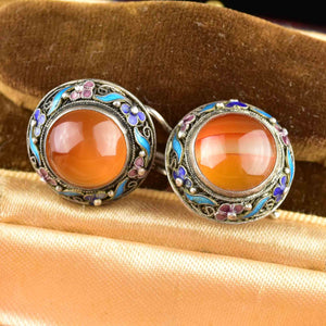 Vintage Carnelian Banded Agate Enamel Earrings - Boylerpf