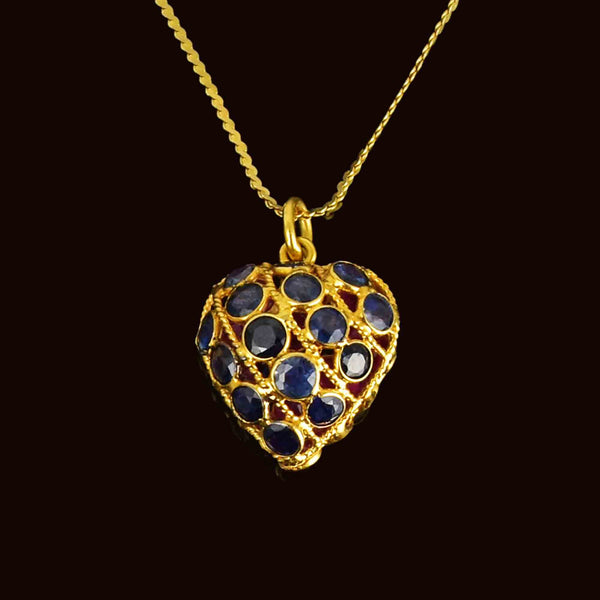 Vintage 14K Gold Filigree Ruby Sapphire Heart Pendant Necklace - Boylerpf