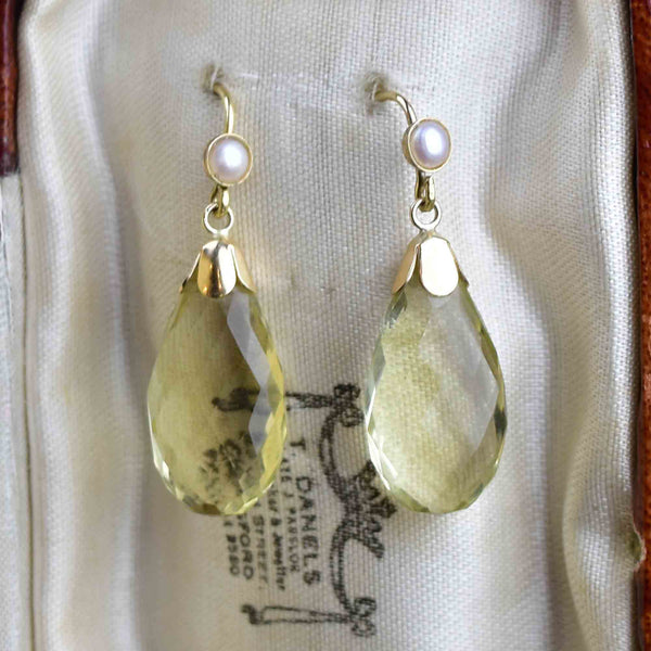Art Deco Style Gold Pearl Lemon Citrine Drop Earrings - Boylerpf
