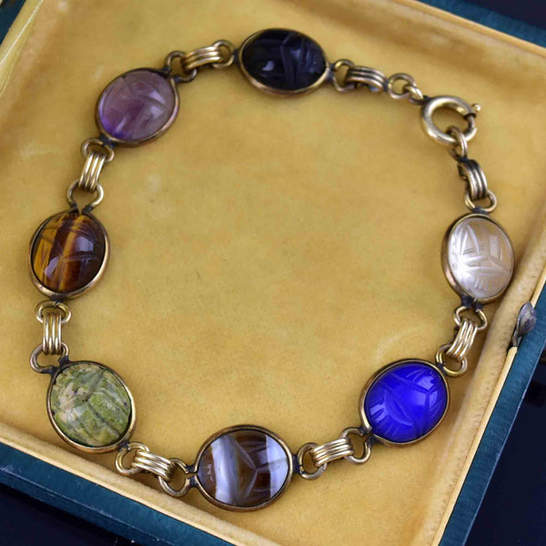 Vintage Gold Gemstone Egyptian Beetle Bug Scarab Bracelet - Boylerpf