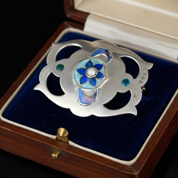 Arts & Crafts Sterling Silver Enamel Flower Brooch