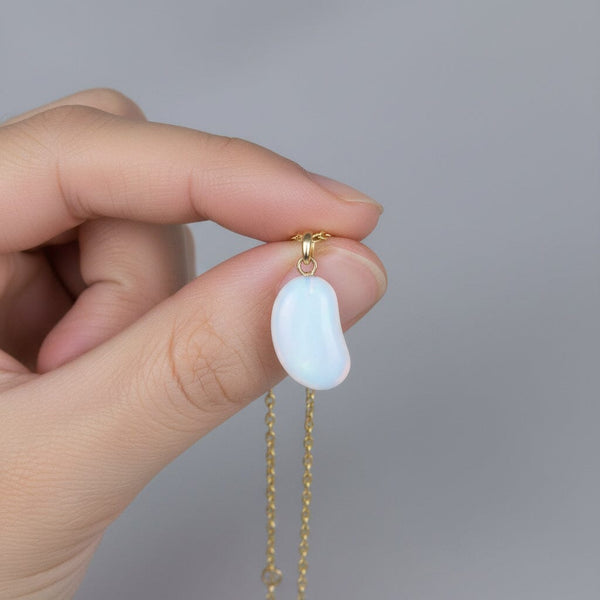 Vintage Opaline Glass 9K Gold Lucky Bean Charm Pendant Necklace - Boylerpf