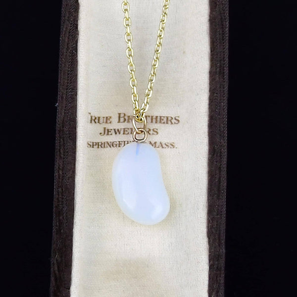 Vintage Opaline Glass 9K Gold Lucky Bean Charm Pendant Necklace - Boylerpf