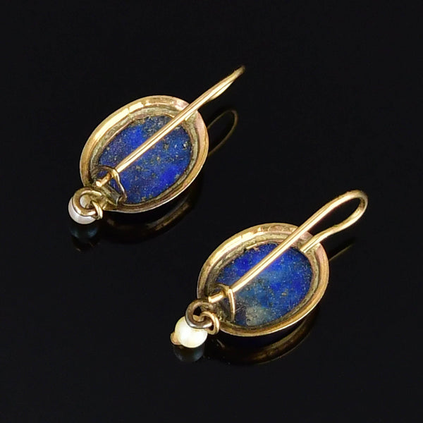 Vintage 9K Gold Lapis Lazuli Pearl Drop Earrings