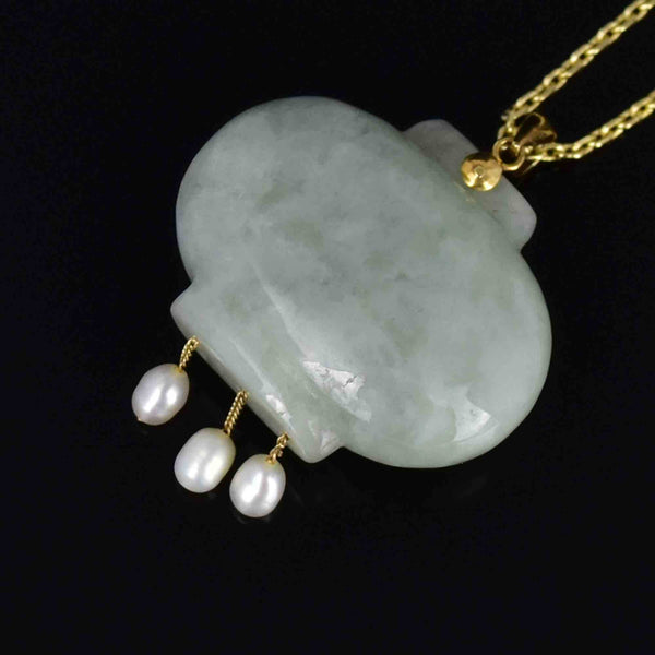 Vintage 14K Gold Carved Jade Peridot Pearl Pendant Necklace - Boylerpf