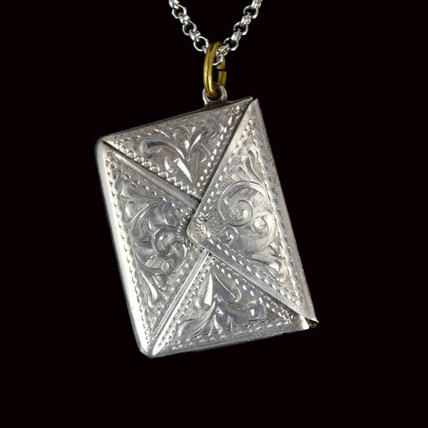 Antique Silver Engraved Envelope Stamp Holder Pendant Necklace - Boylerpf