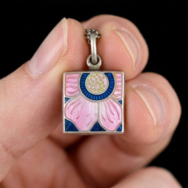 Sterling Silver Arts & Crafts Enamel Lotus Flower Necklace