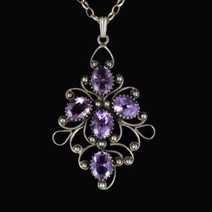 Vintage Sterling Silver Amethyst Scroll Pendant Necklace - Boylerpf