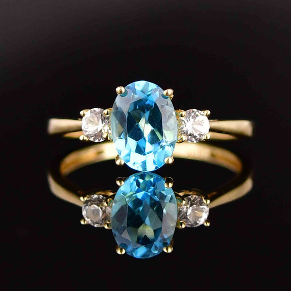 Vintage 10K Gold Blue Topaz White Sapphire Three Stone Ring - Boylerpf