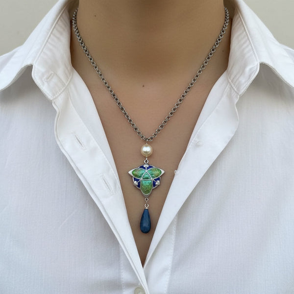 Antique Art Nouveau Silver Enamel Pearl Lapis Lazuli Pendant Necklace ...
