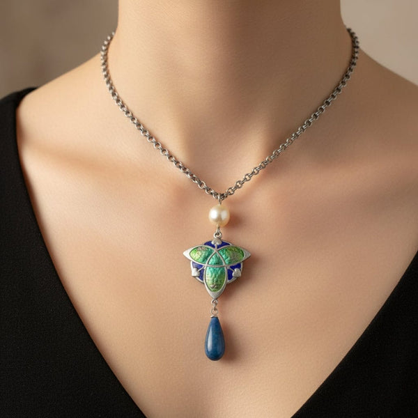 Art Nouveau Silver Enamel Pearl Lapis Lazuli Necklace